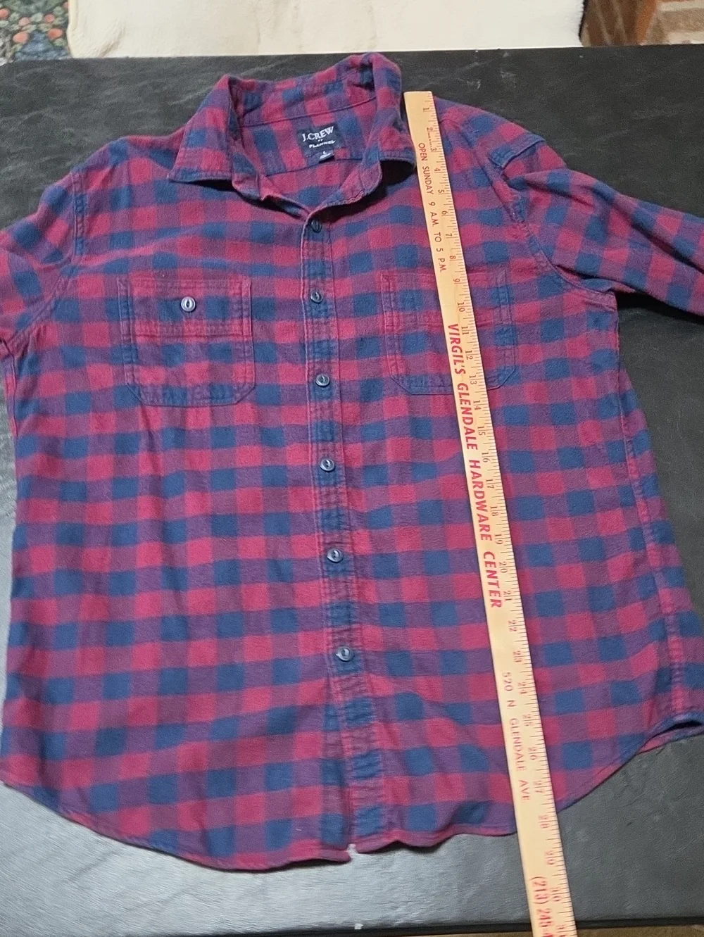 J. Crew Mens Flannel Shirt Large Buffalo Plaid Button Down Navy Burgundy Cotton
